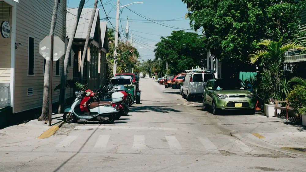 Vibrant urban street view with parked cars, scooters, and lush greenery on a sunny day.