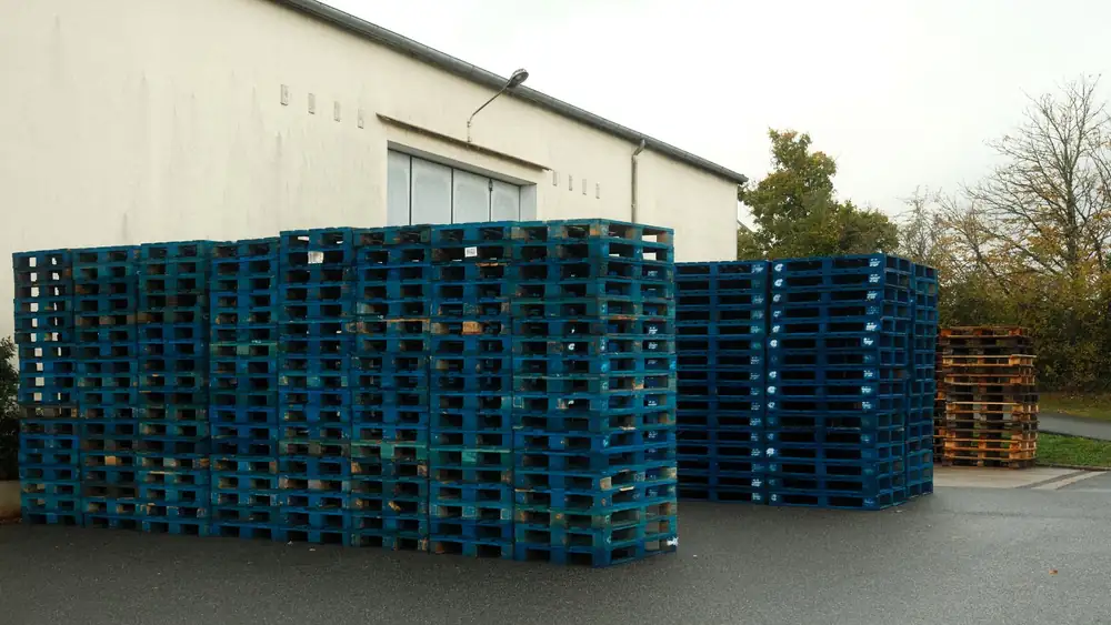 Massive stack of blue wooden pallets outside a building, ready for transport.